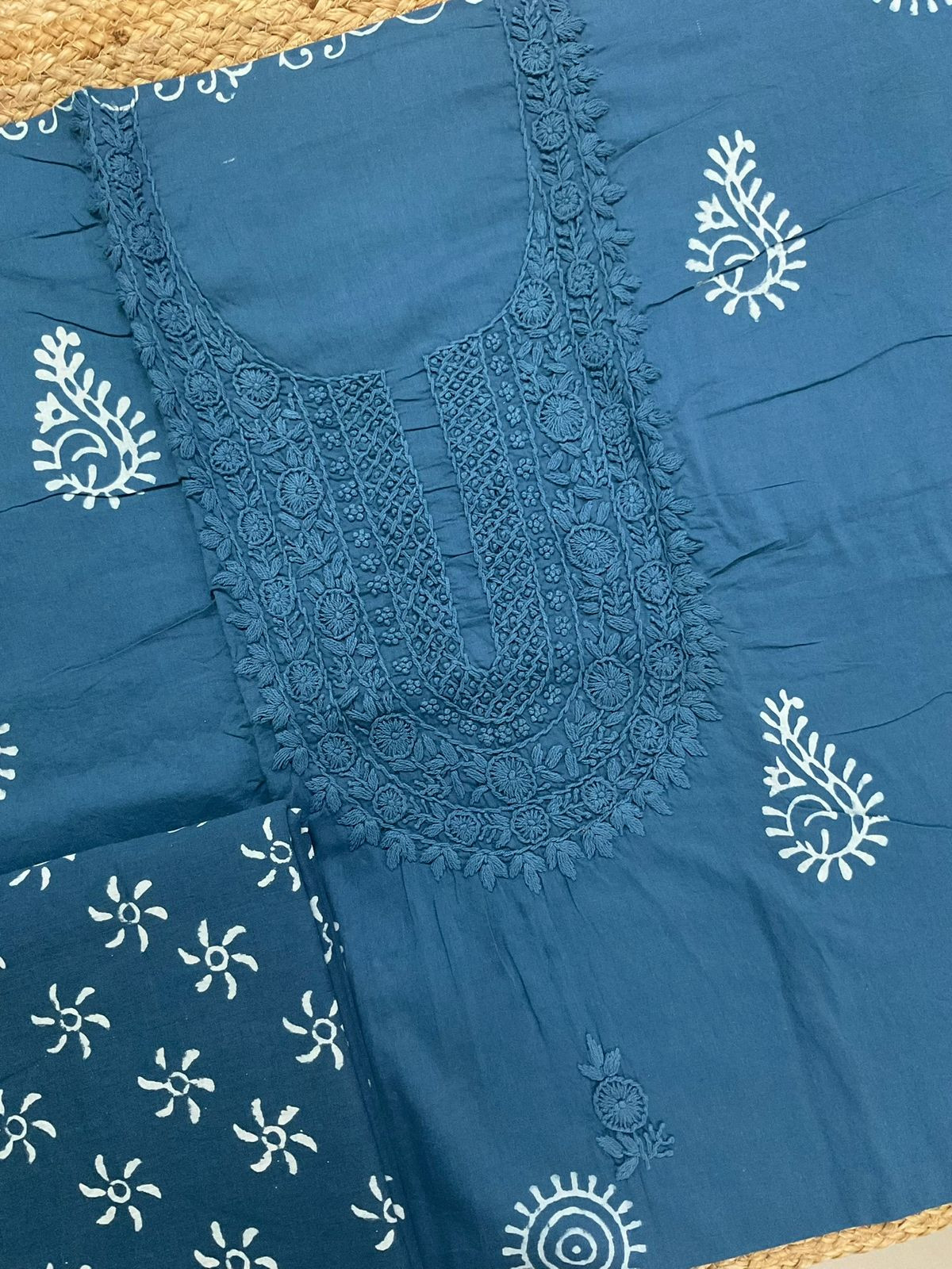 Pure Cotton Printed Embroidered Suit - Blue