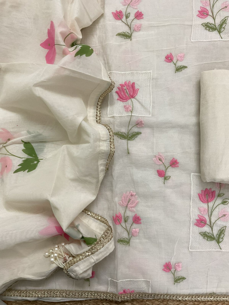 Image of Soft Chanderi Brush Painted Embroidered Suit - Off White