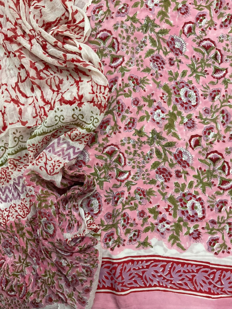Image of Soft Modal Silk Block Printed Suit - Pink