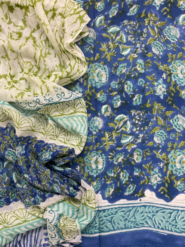 Image of Soft Modal Silk Block Printed Suit - Blue