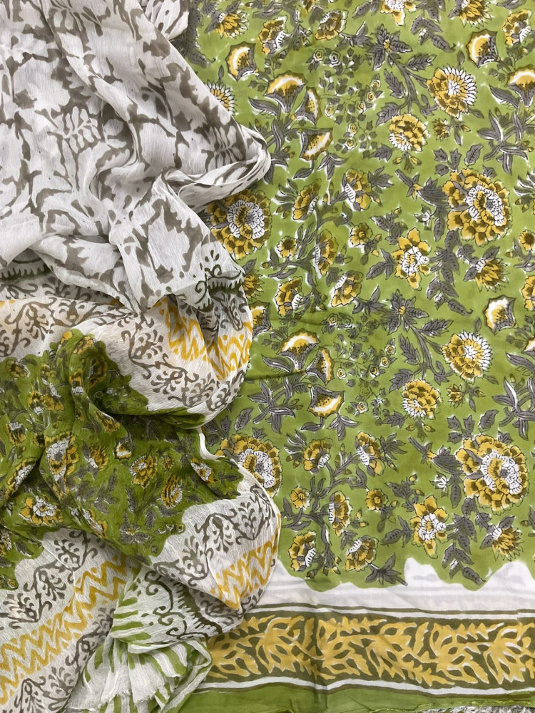 Image of Soft Modal Silk Block Printed Suit - Green