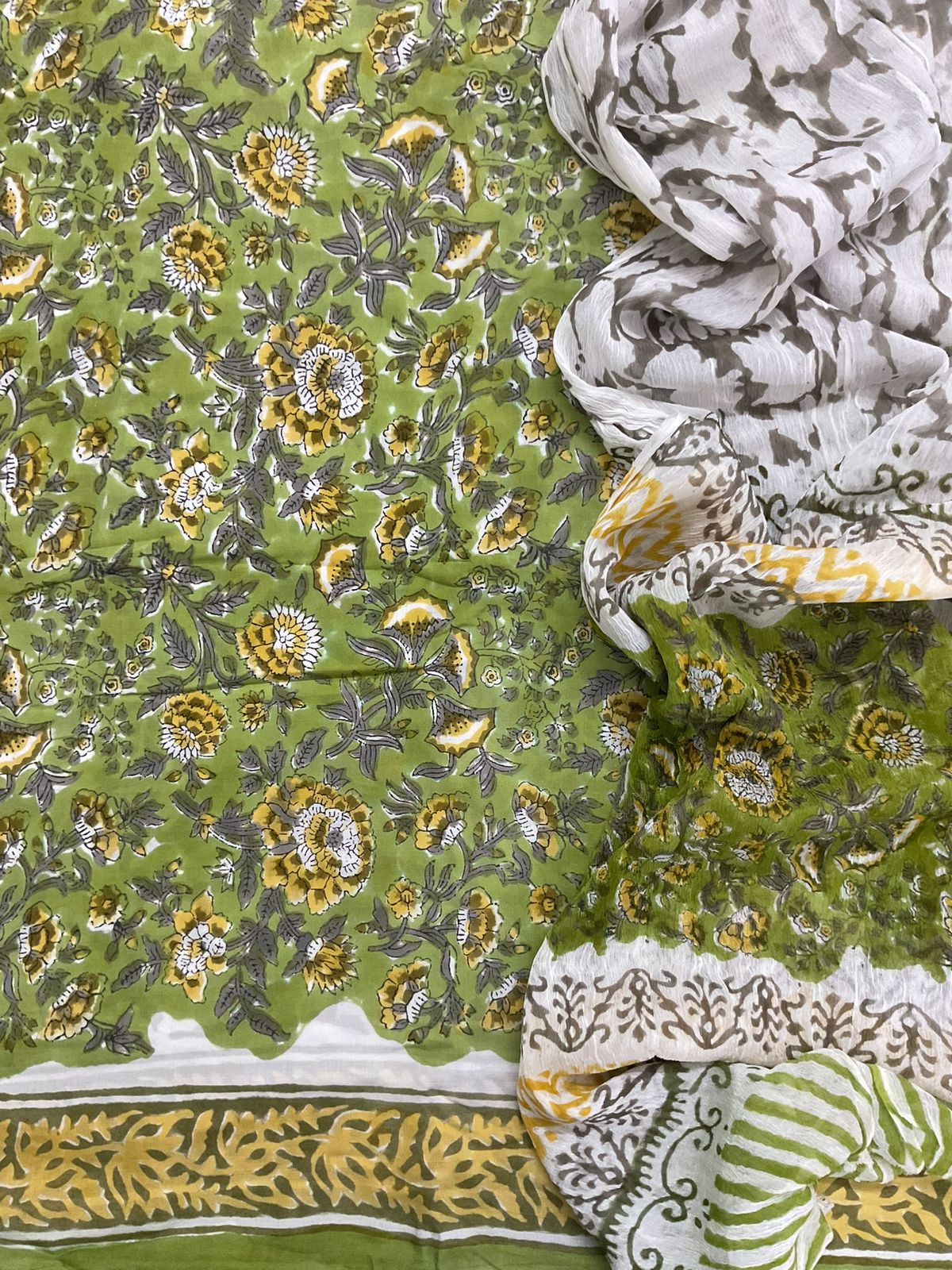 Soft Modal Silk Block Printed Suit - Green