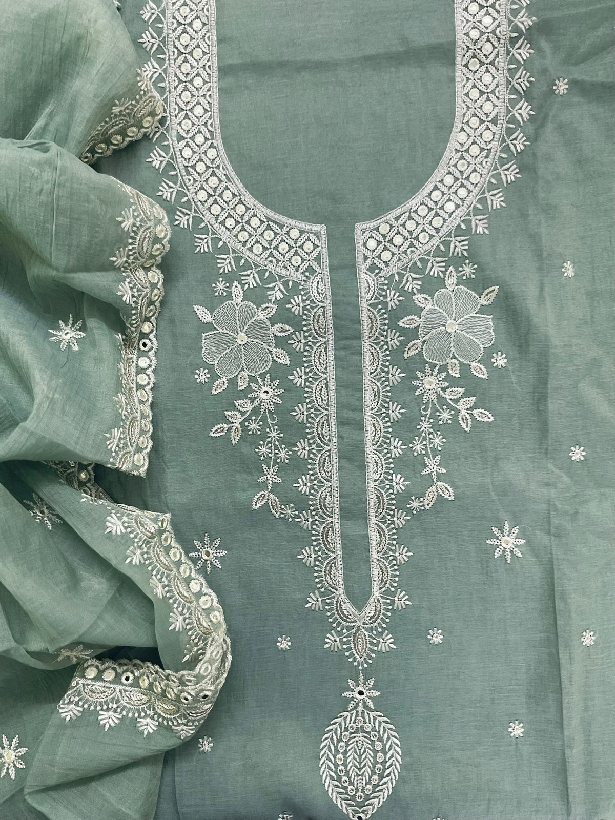 Soft Chanderi Embroidered Suit - Green