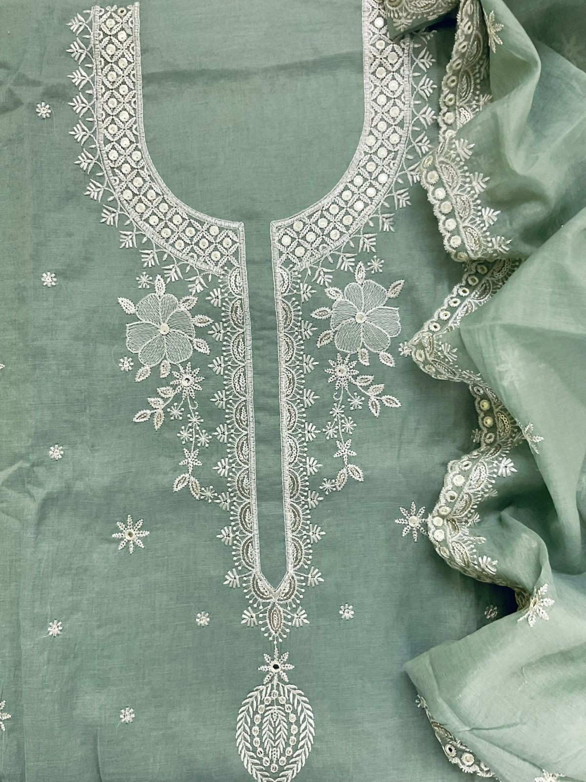 Soft Chanderi Embroidered Suit - Green