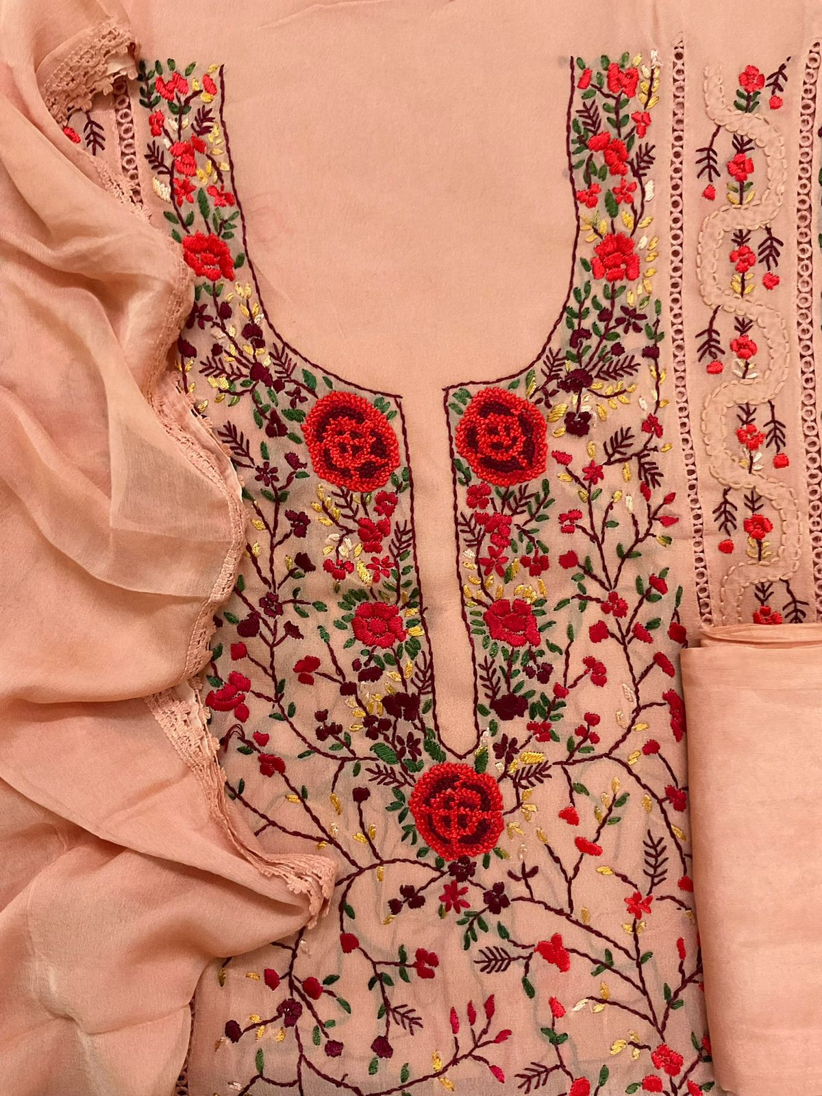 Pure Georgette Embroidered Suit - Peach