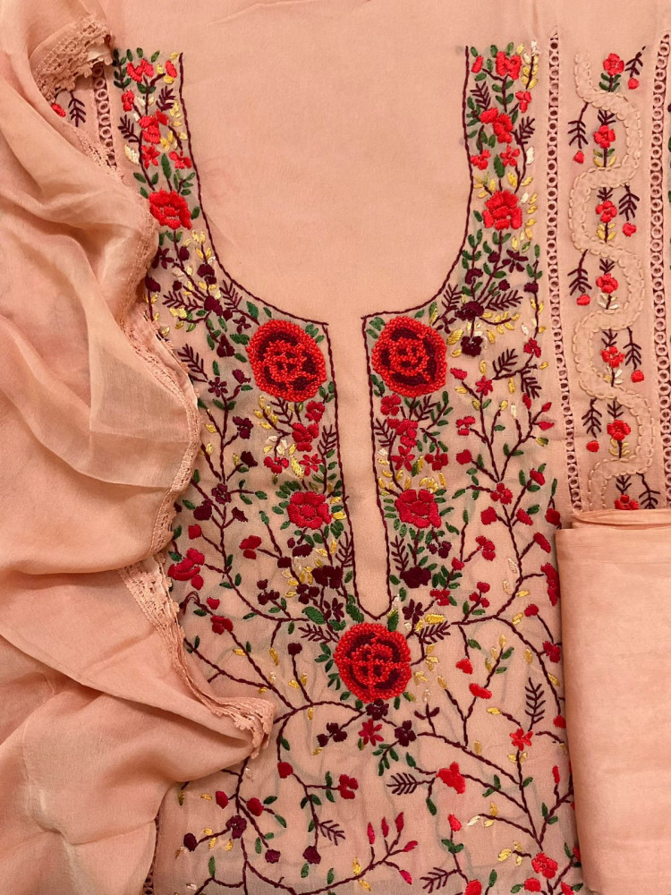 Image of Pure Georgette Embroidered Suit - Peach
