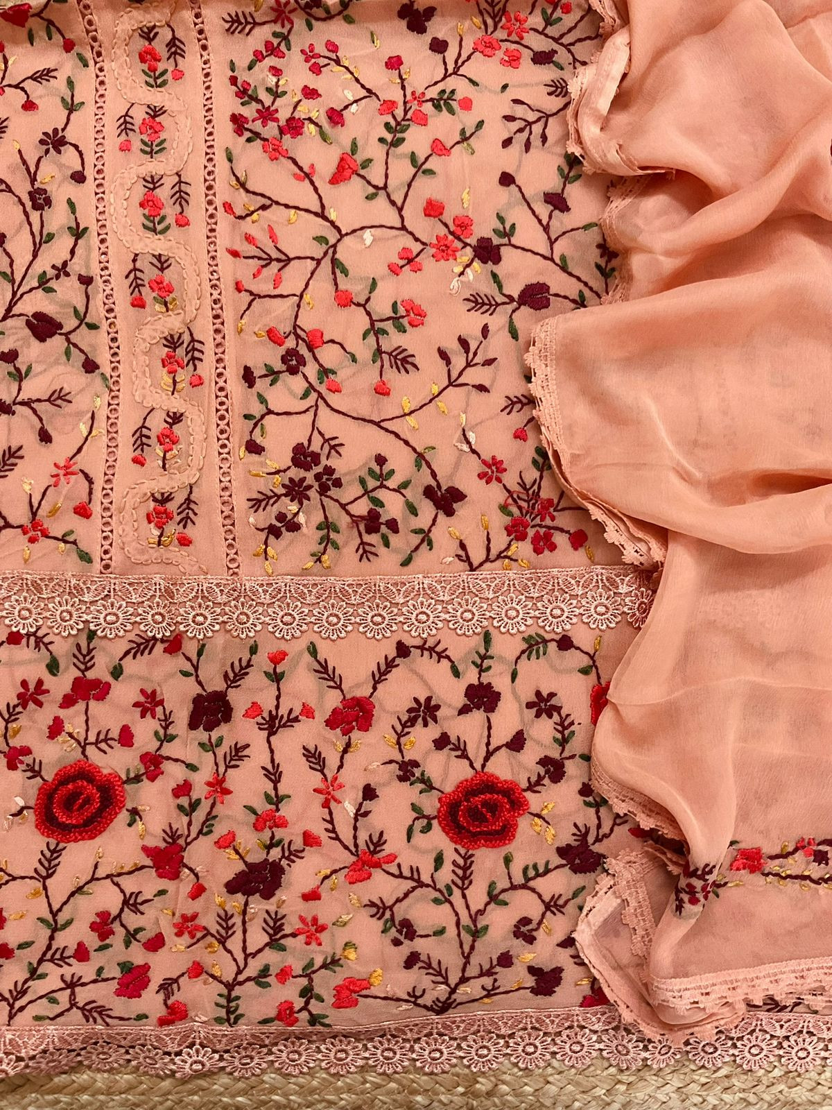 Pure Georgette Embroidered Suit - Peach