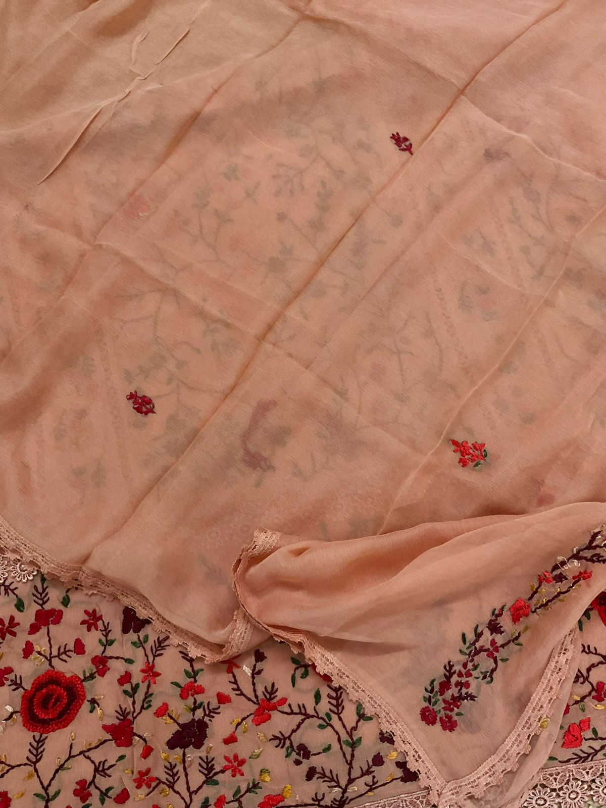 Pure Georgette Embroidered Suit - Peach