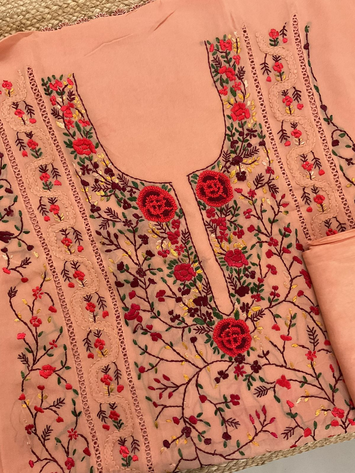 Pure Georgette Embroidered Suit - Peach