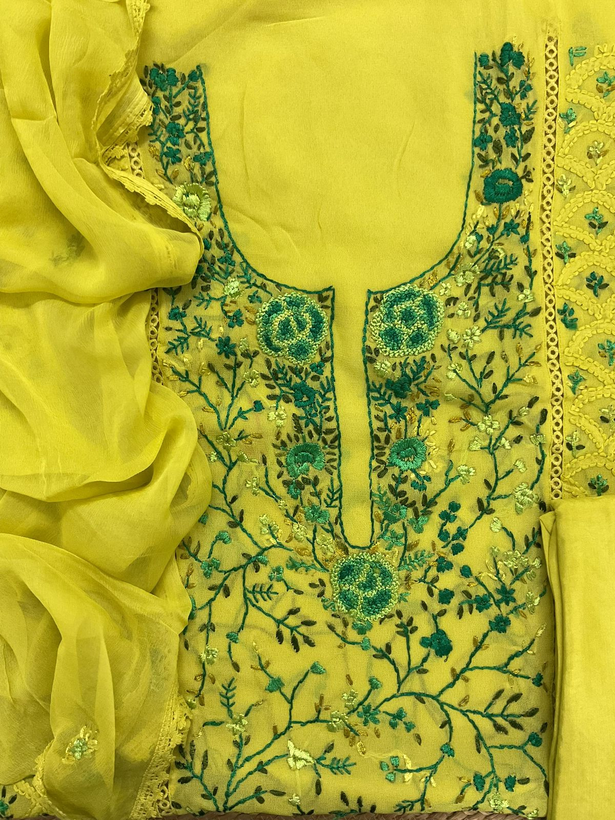 Pure Georgette Embroidered Suit - Lime Green