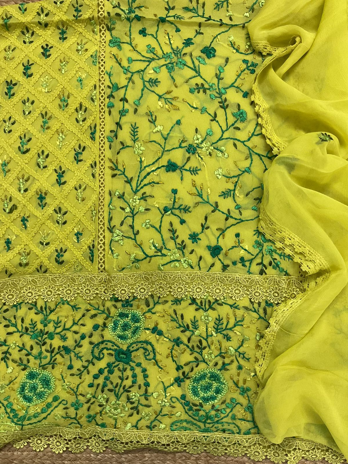 Pure Georgette Embroidered Suit - Lime Green