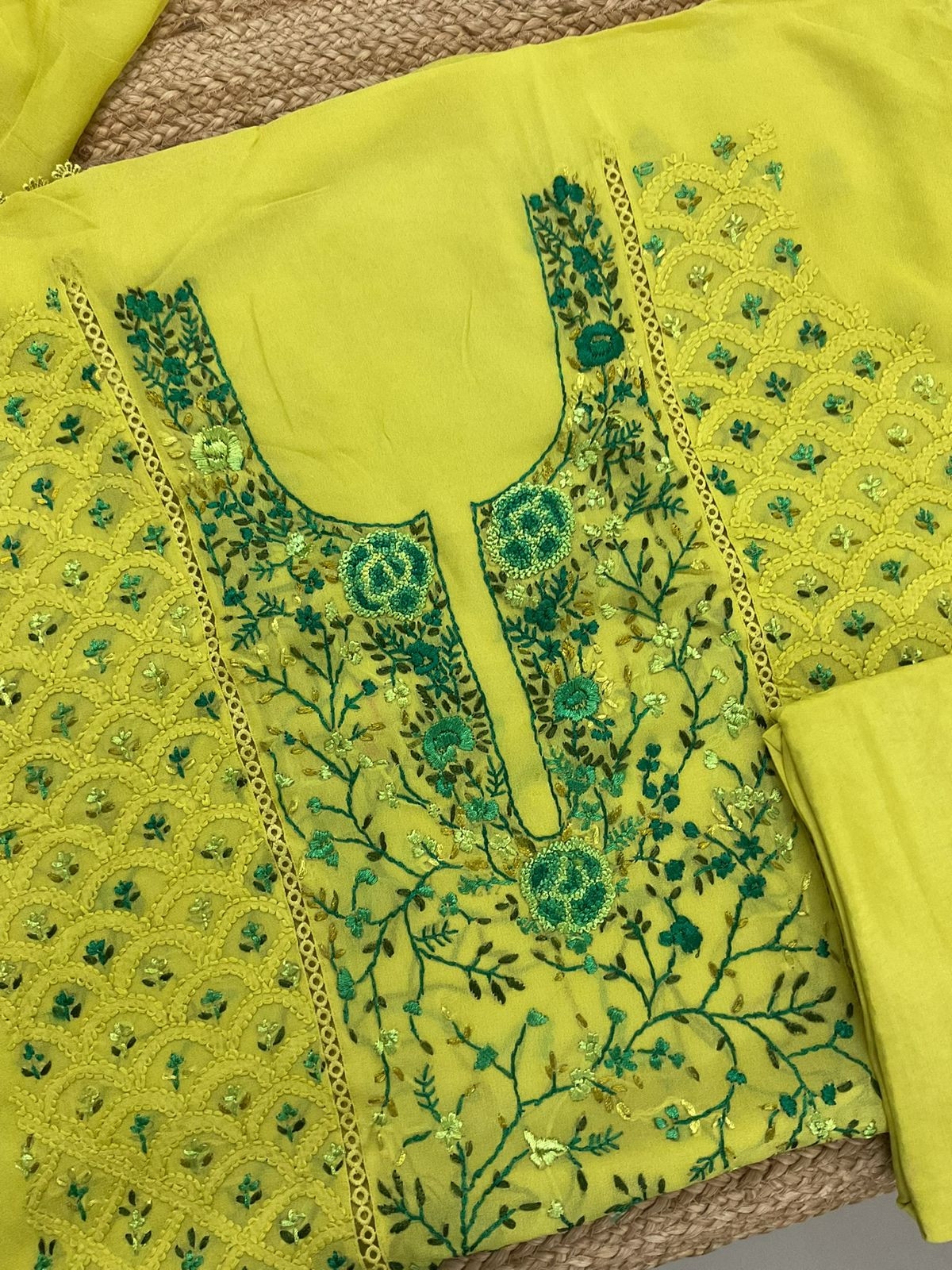 Pure Georgette Embroidered Suit - Lime Green