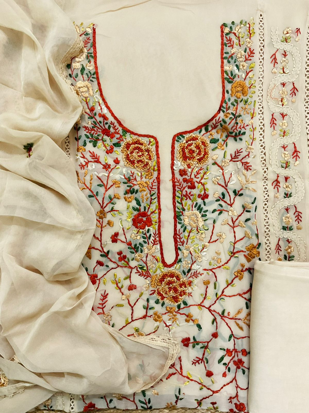 Pure Georgette Embroidered Suit - Beige