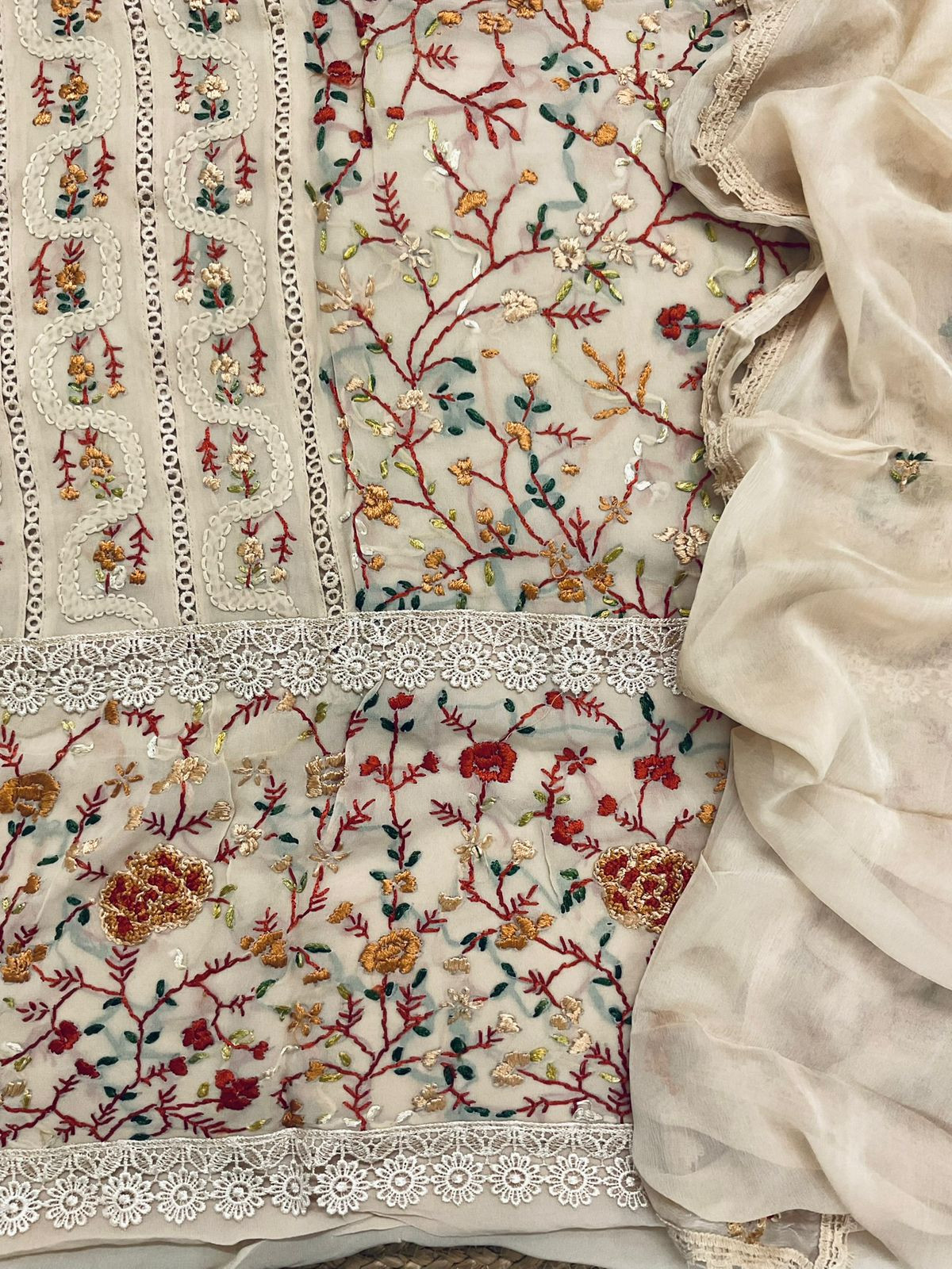 Pure Georgette Embroidered Suit - Beige