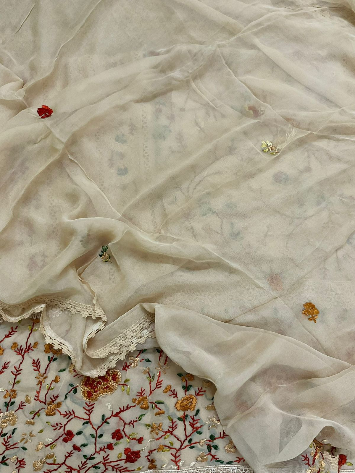 Pure Georgette Embroidered Suit - Beige