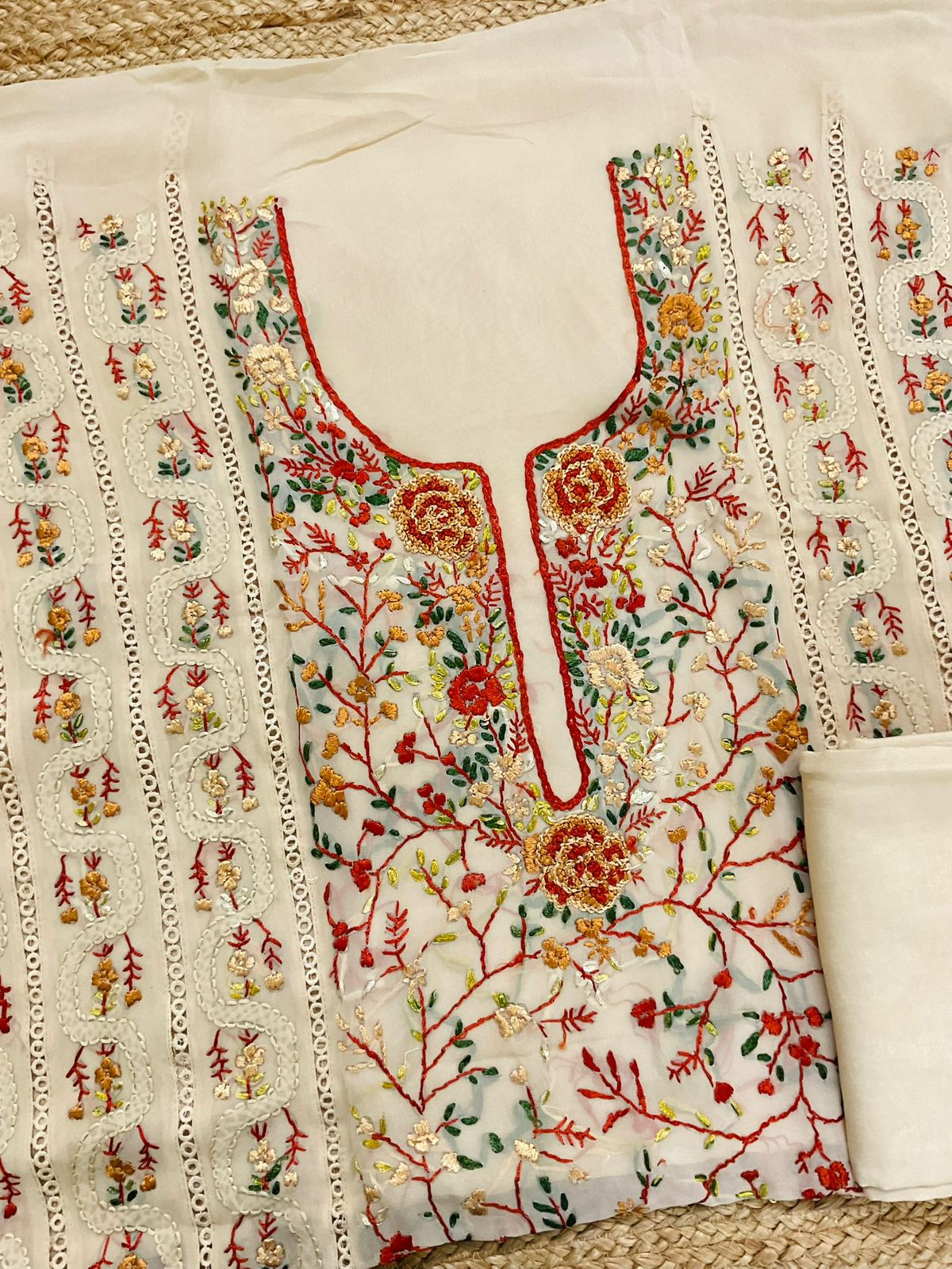 Pure Georgette Embroidered Suit - Beige