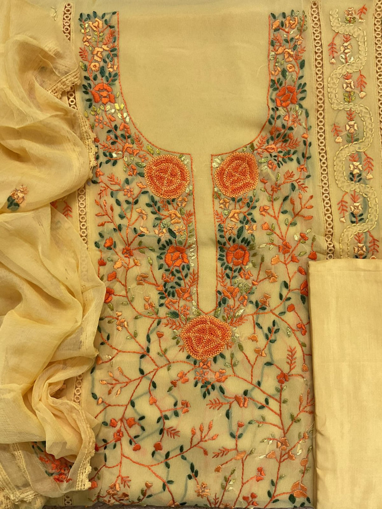 Image of Pure Georgette Embroidered Suit - Yellow