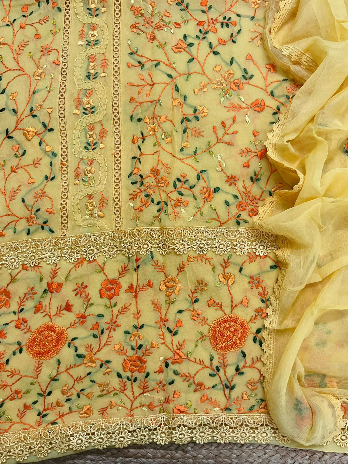 Pure Georgette Embroidered Suit - Yellow