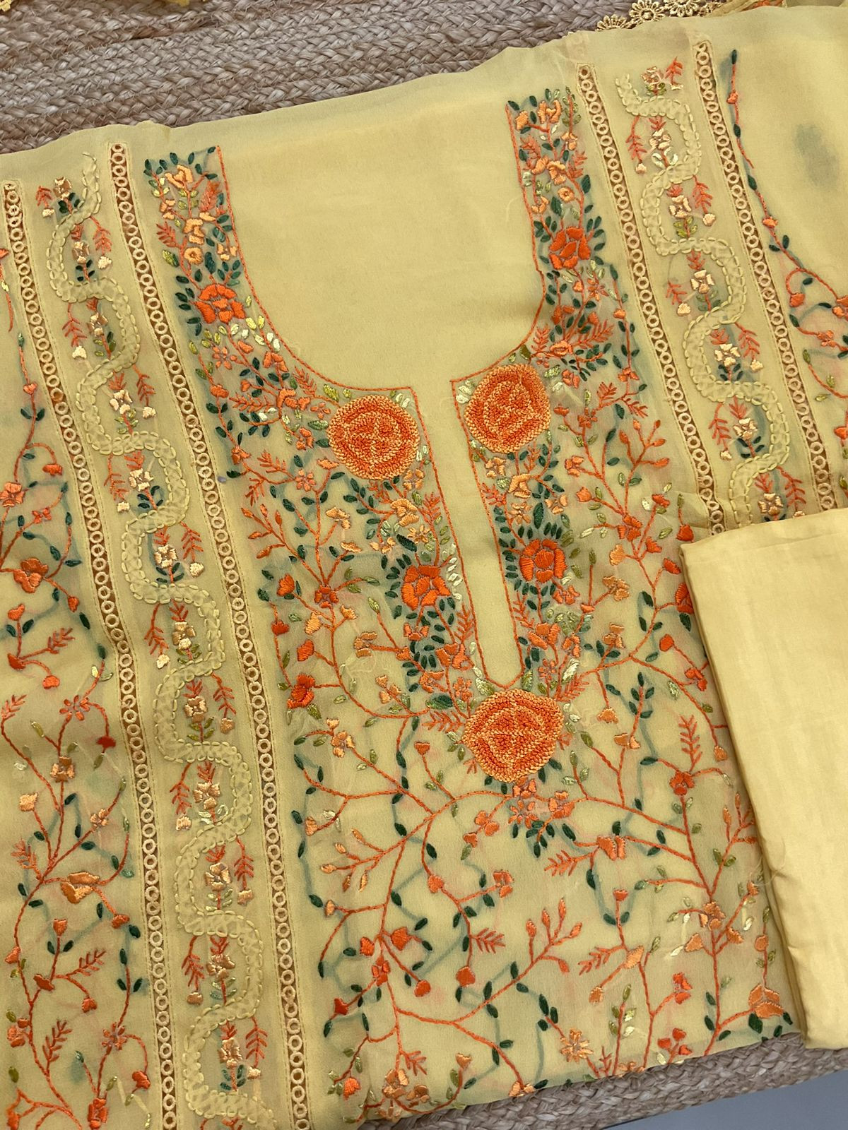 Pure Georgette Embroidered Suit - Yellow