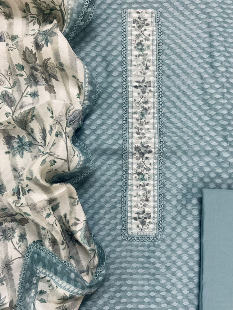 Image of Pure Kora Silk Self Weaved Printed Embroidered Suit - Grey