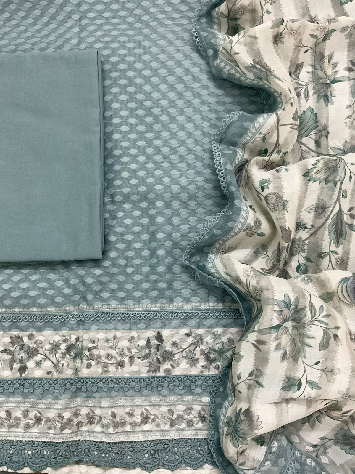 Pure Kora Silk Self Weaved Printed Embroidered Suit - Grey