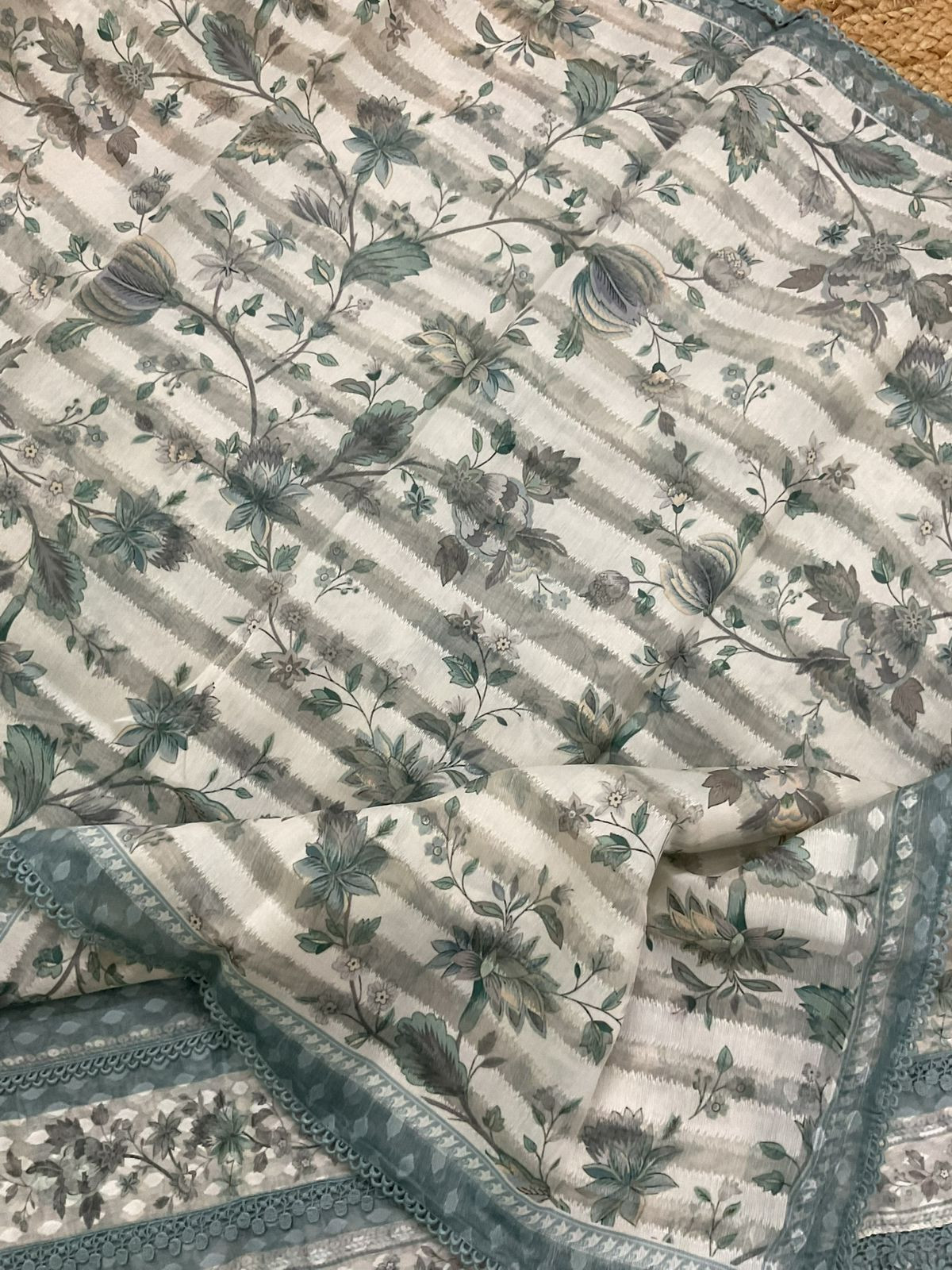 Pure Kora Silk Self Weaved Printed Embroidered Suit - Grey