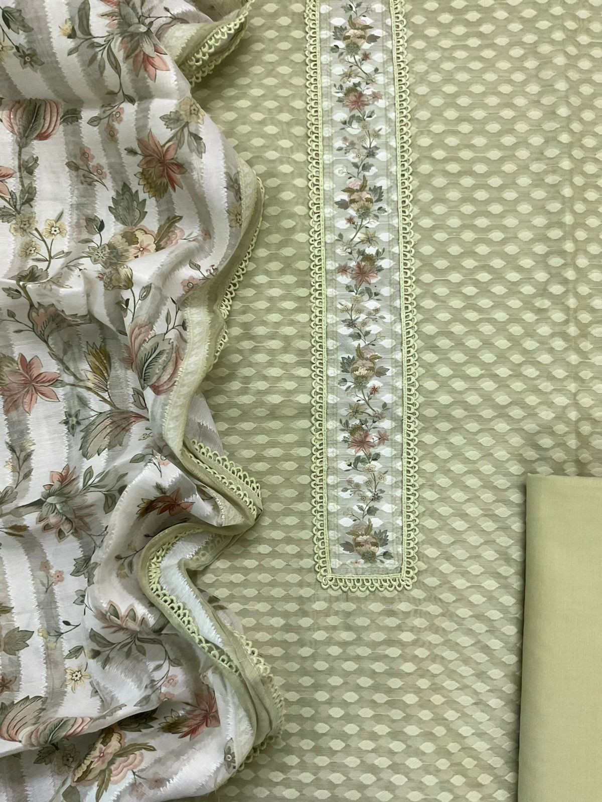 Pure Kora Silk Self Weaved Printed Embroidered Suit - Green