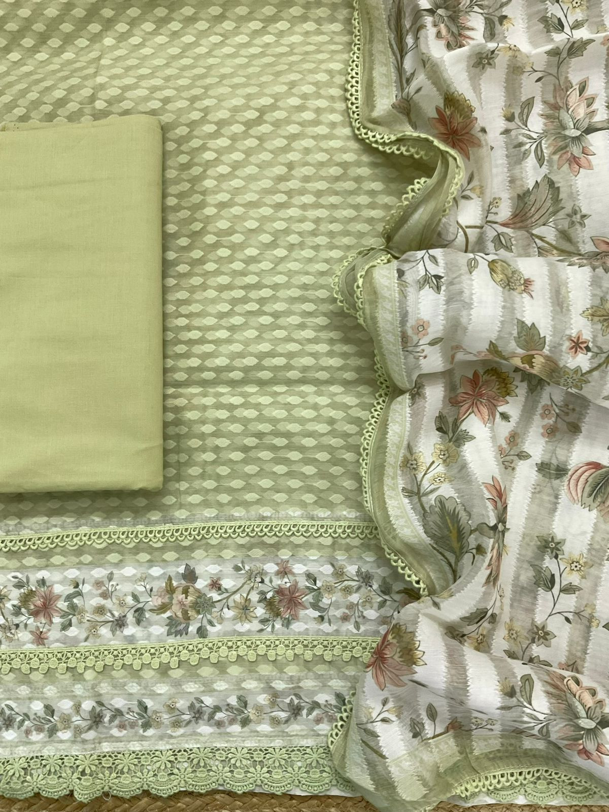 Pure Kora Silk Self Weaved Printed Embroidered Suit - Green