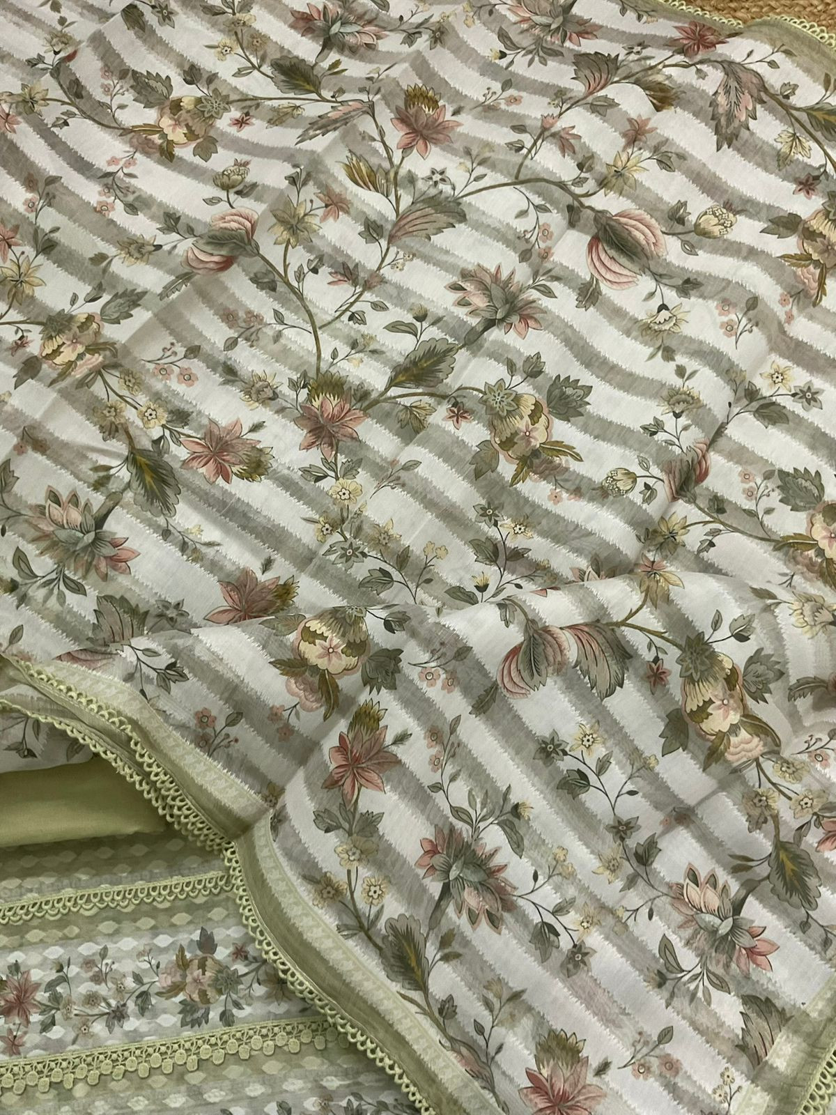 Pure Kora Silk Self Weaved Printed Embroidered Suit - Green