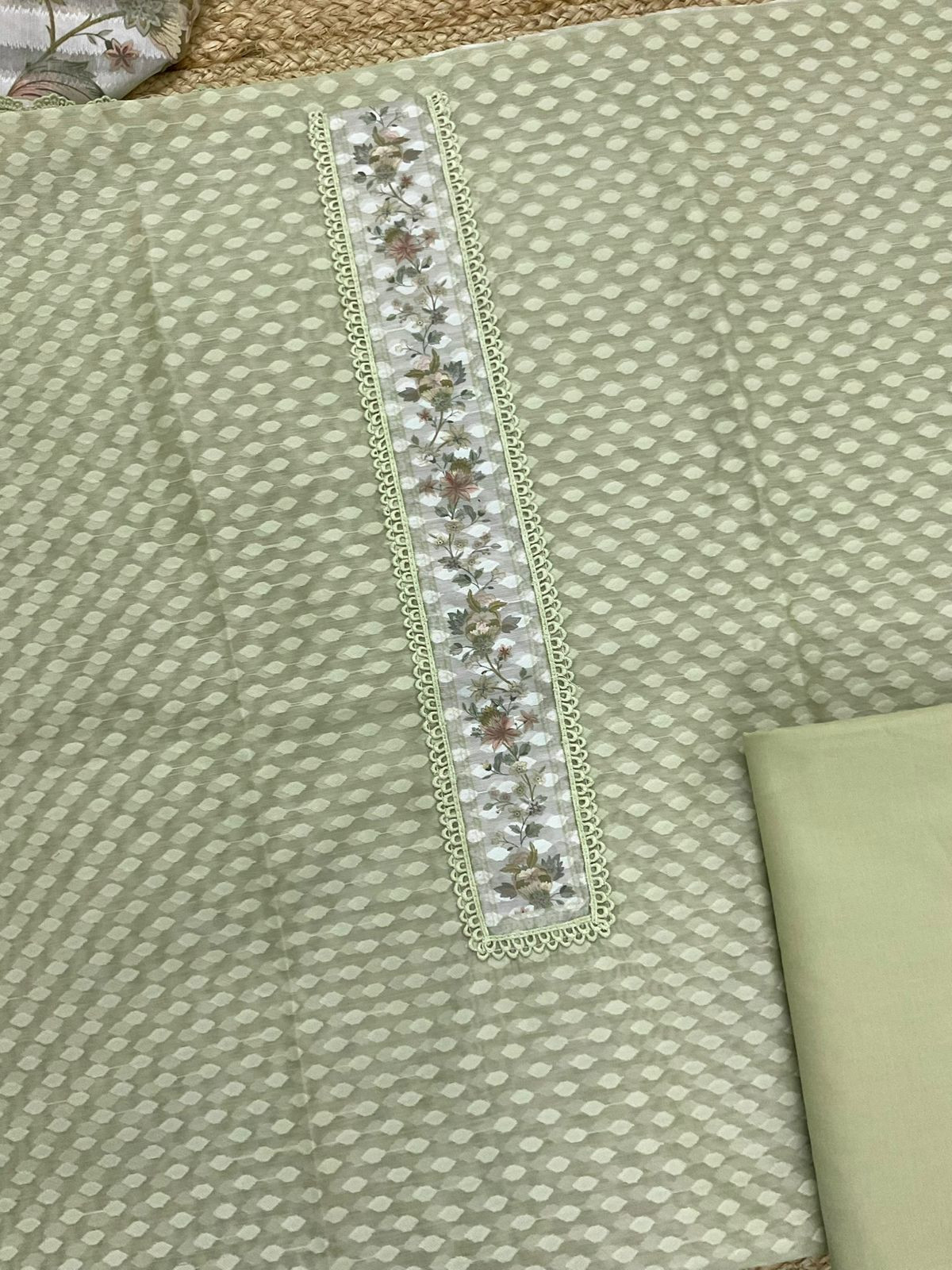 Pure Kora Silk Self Weaved Printed Embroidered Suit - Green