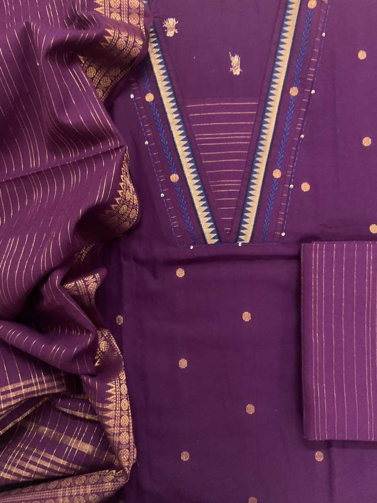 Image of Pure Handloon Cotton Self Weaved Embroidered Suit - Violet