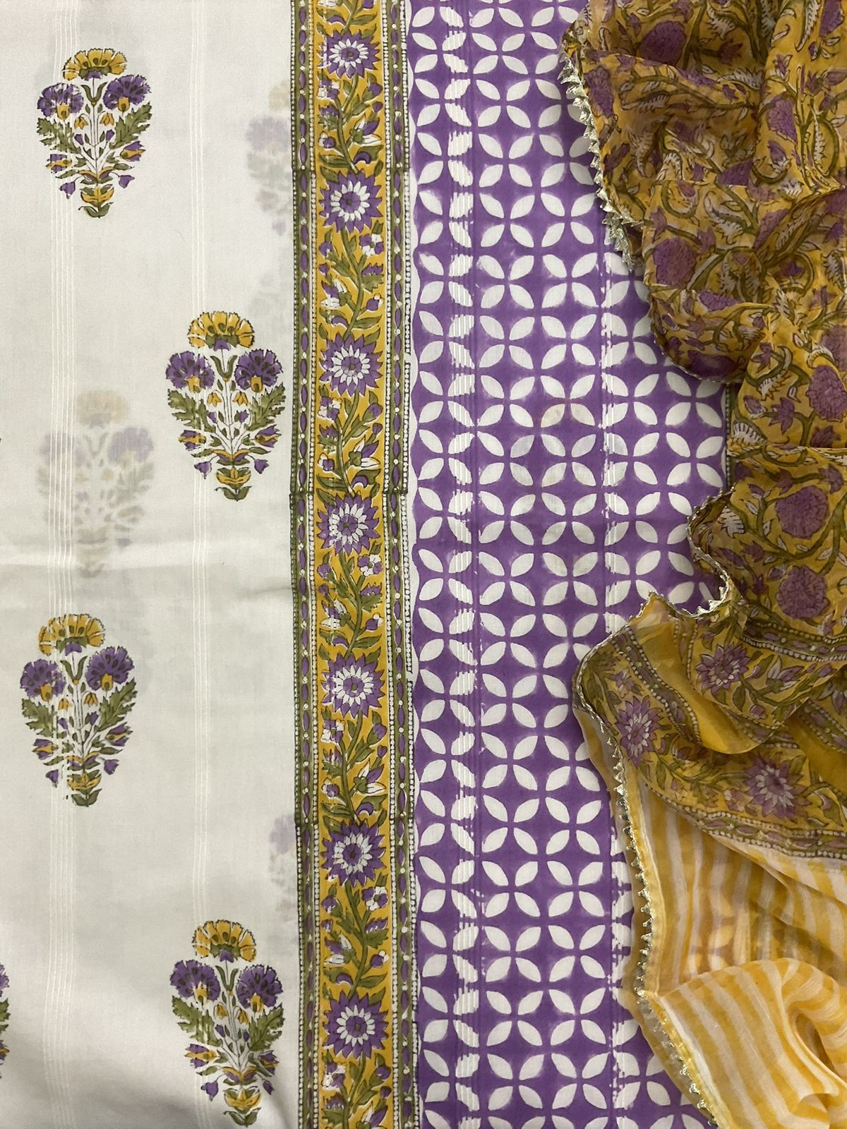 Pure Cotton Self Weaved Printed Suit - Off White