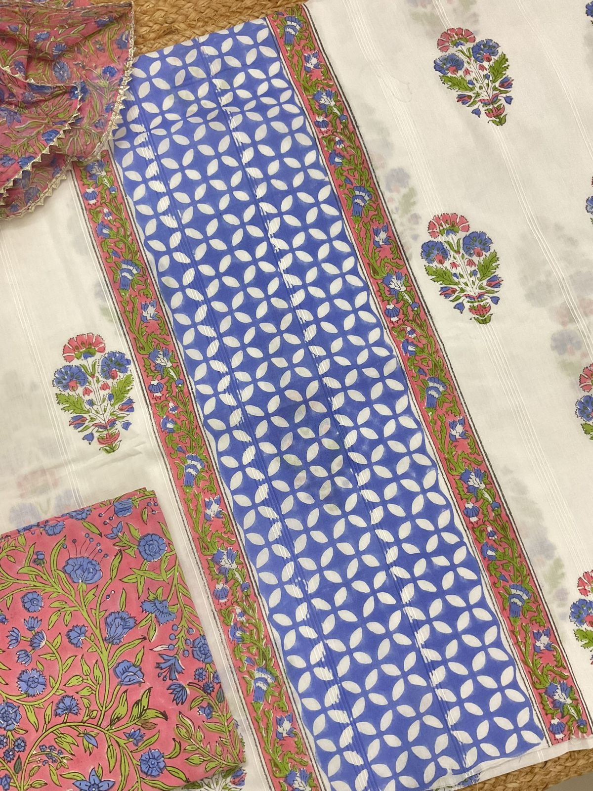 Pure Cotton Self Weaved Printed Suit - Off White