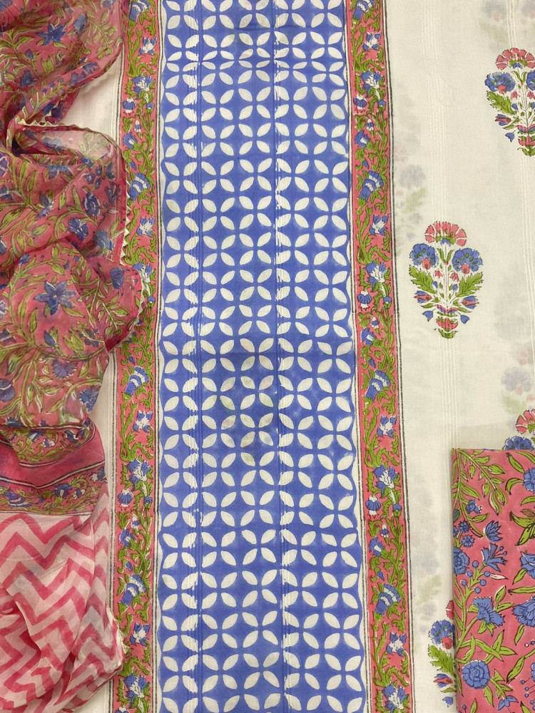 Image of Pure Cotton Self Weaved Printed Suit - Off White