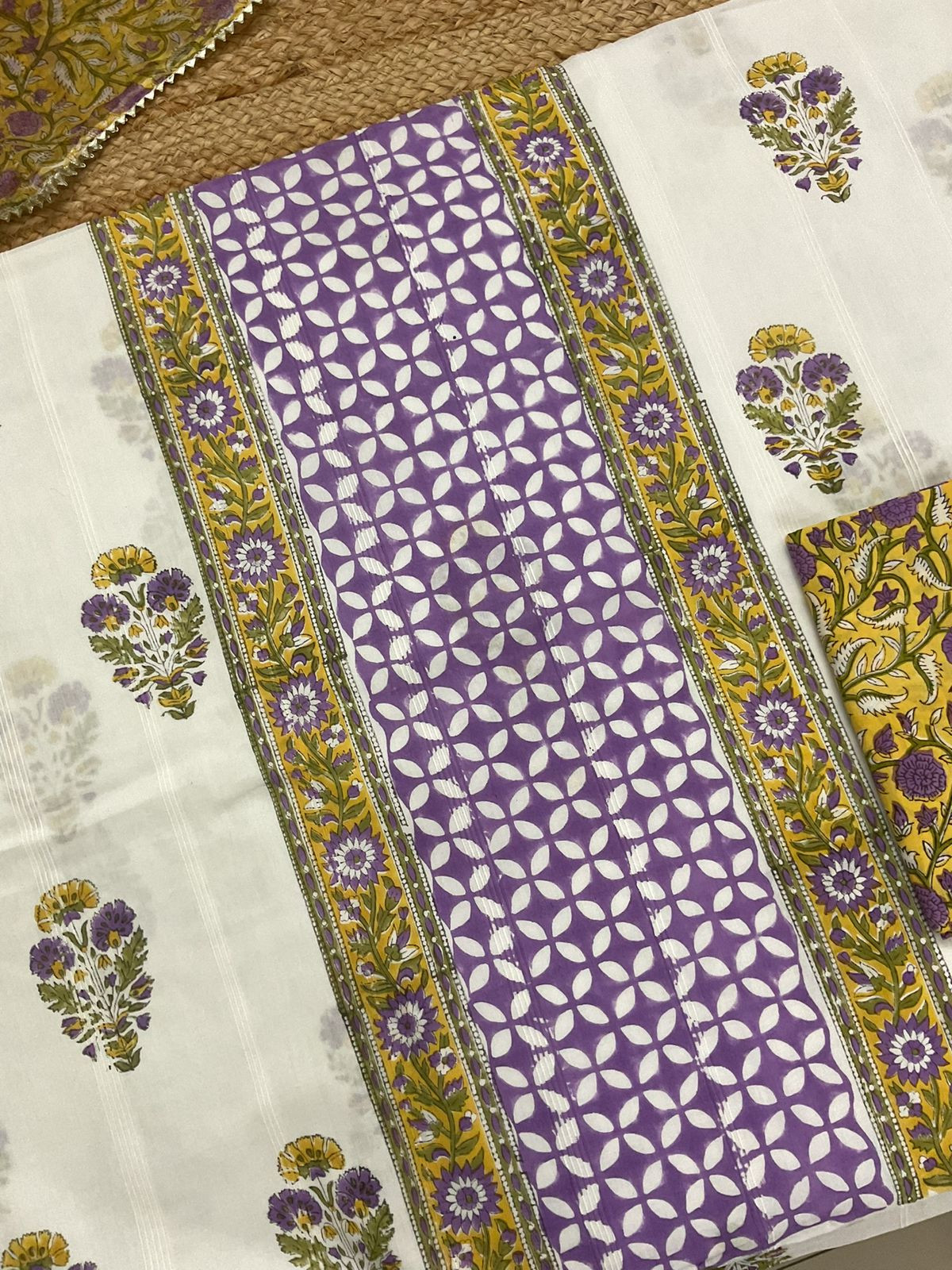Pure Cotton Self Weaved Printed Suit - Off White
