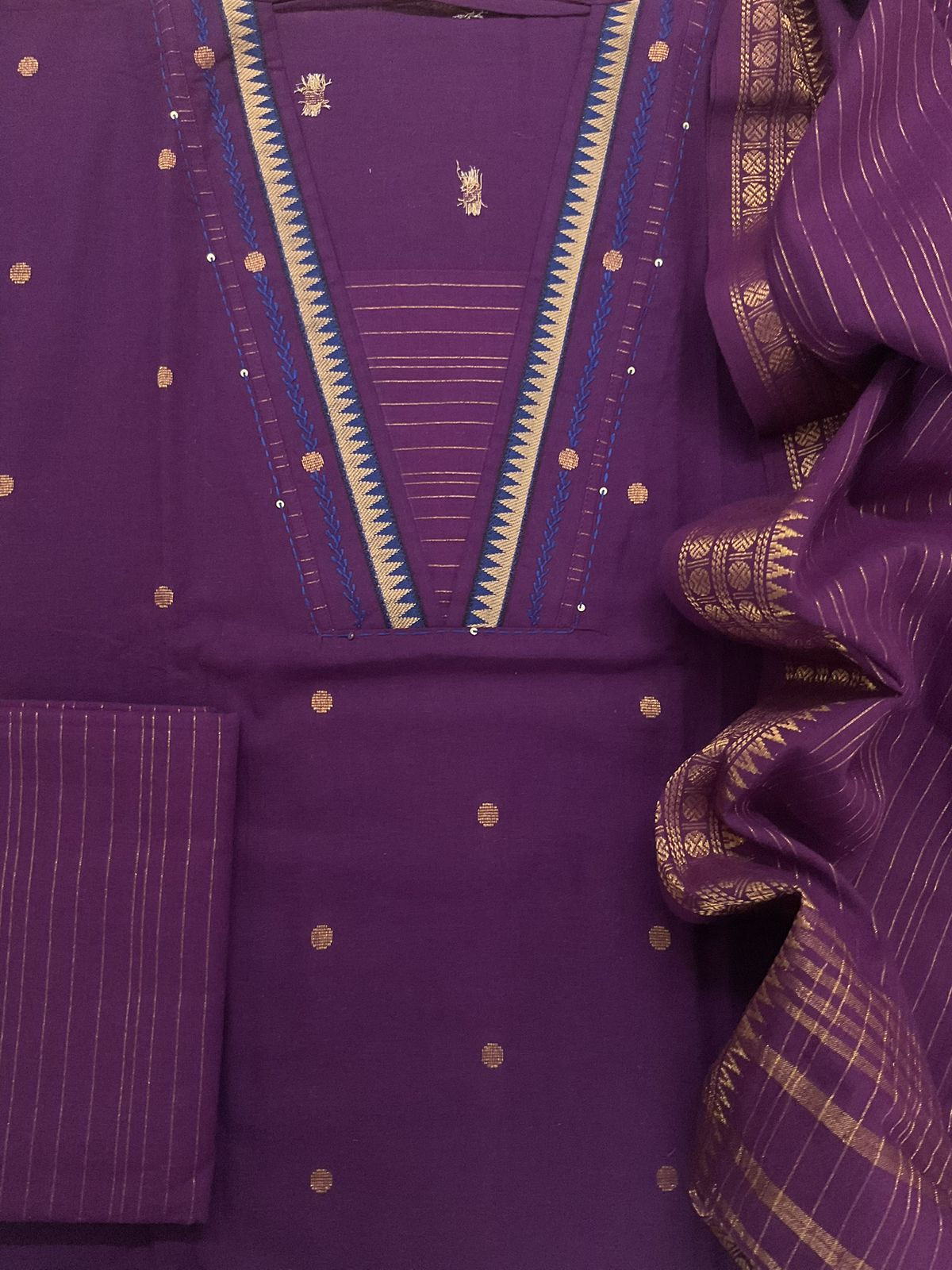 Pure Handloon Cotton Self Weaved Embroidered Suit - Violet