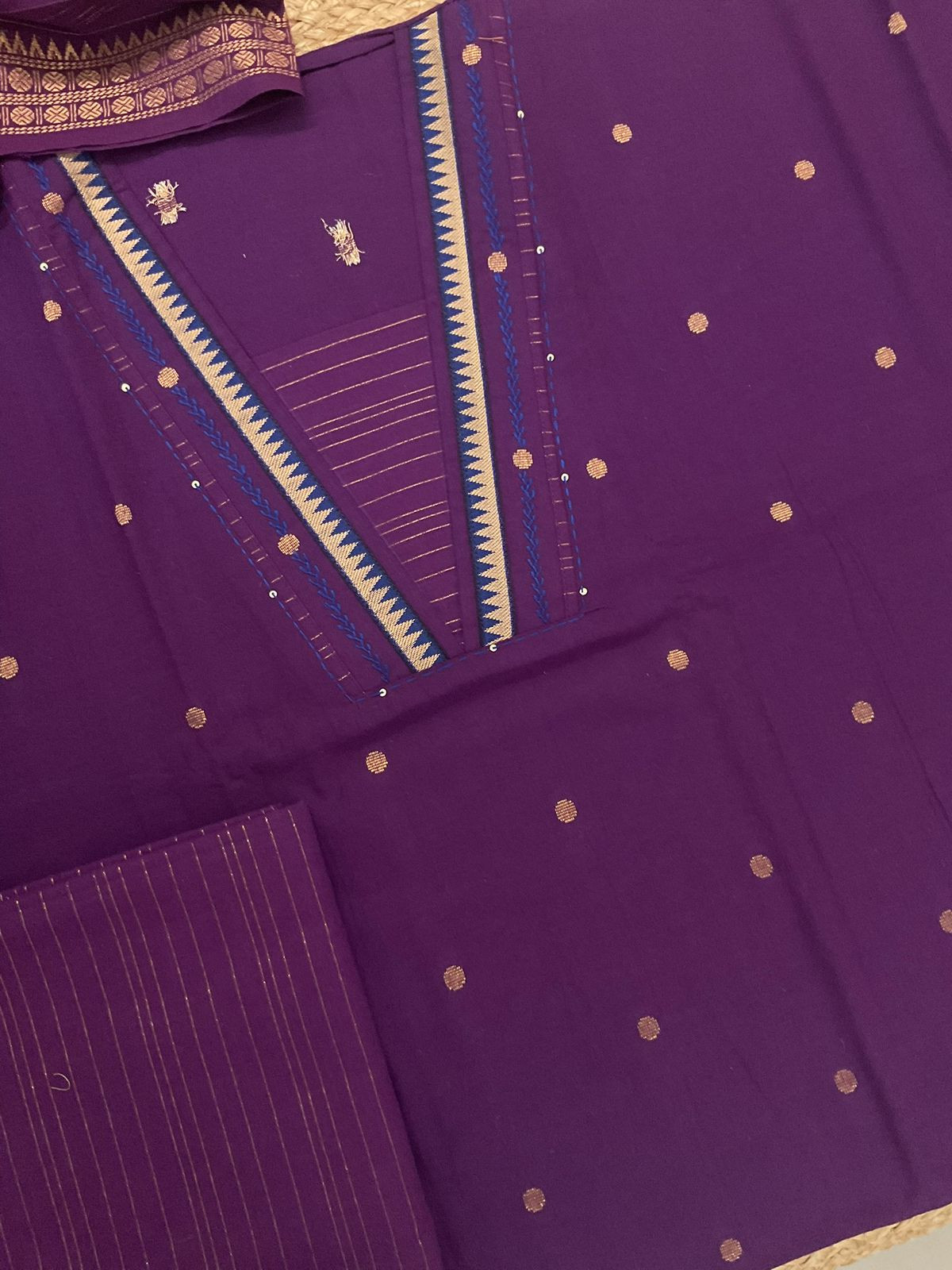 Pure Handloon Cotton Self Weaved Embroidered Suit - Violet