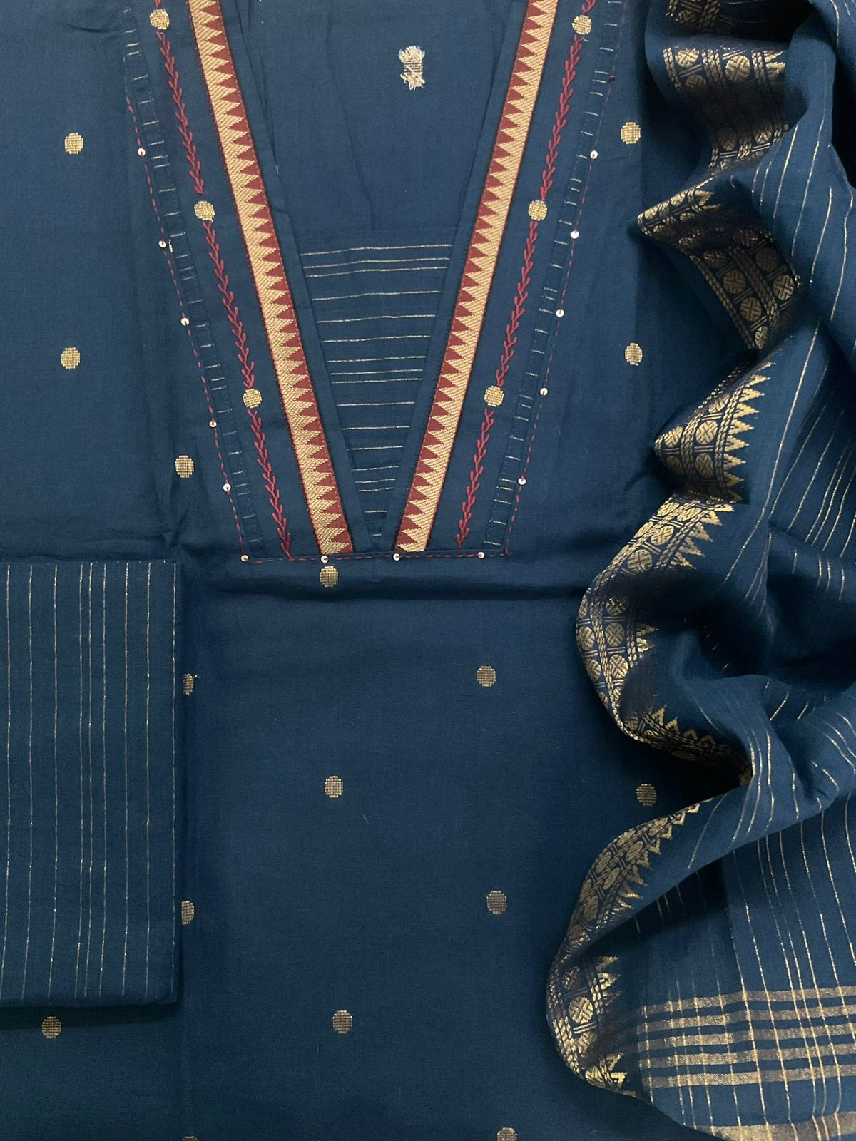 Pure Handloon Cotton Self Weaved Embroidered Suit - Blue