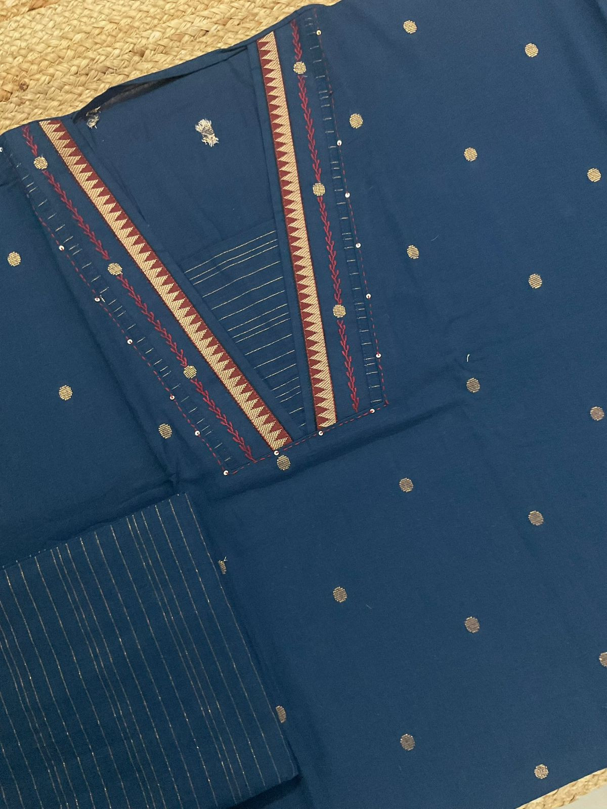 Pure Handloon Cotton Self Weaved Embroidered Suit - Blue