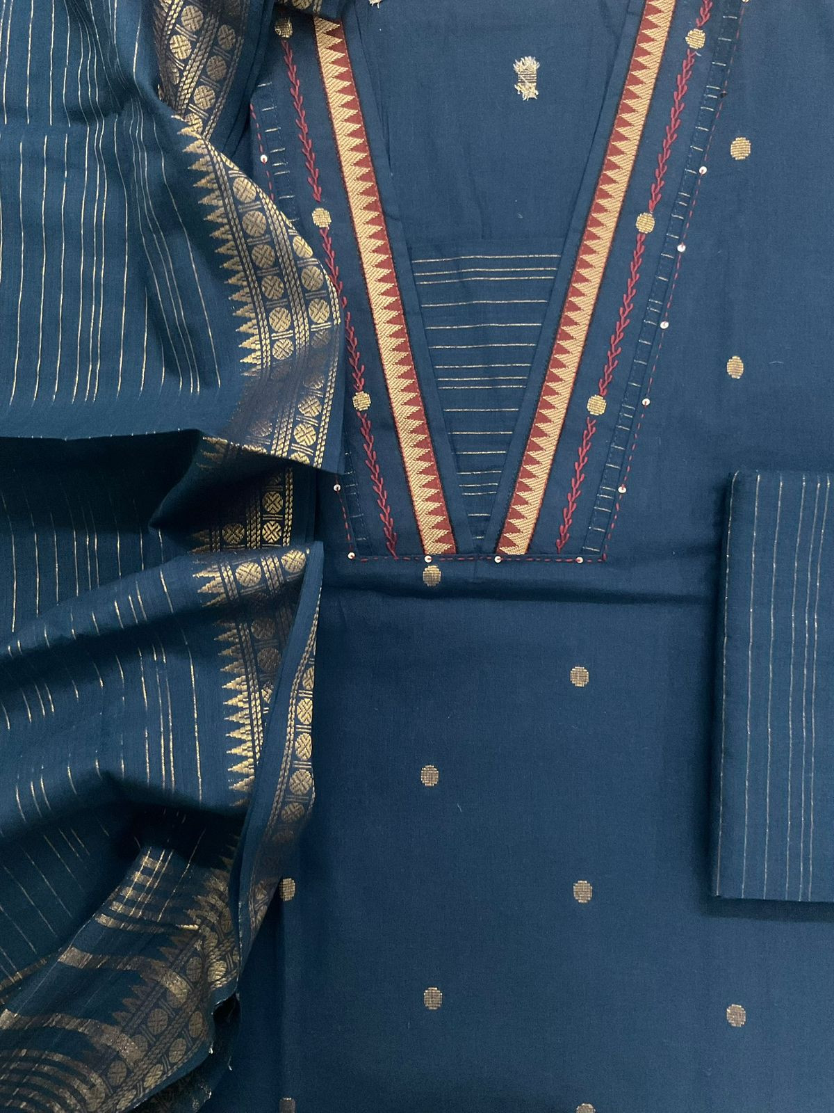 Pure Handloon Cotton Self Weaved Embroidered Suit - Blue