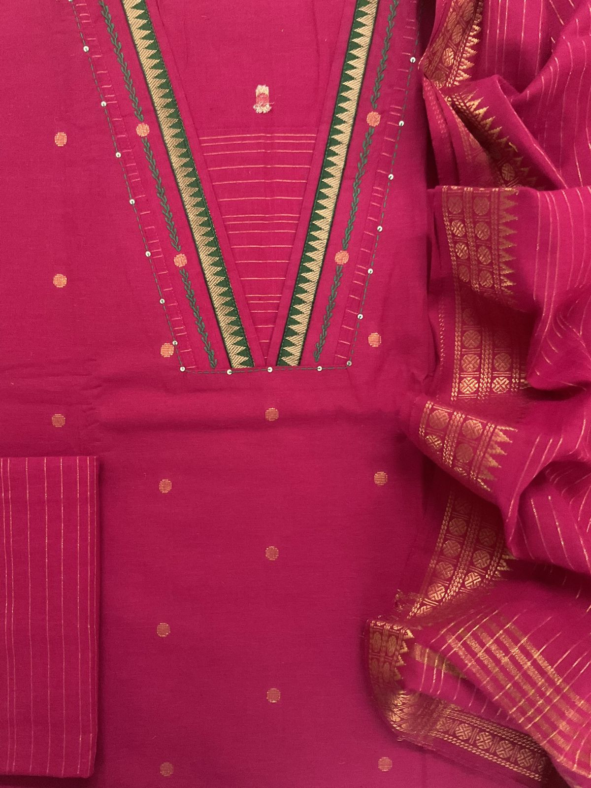 Pure Handloon Cotton Self Weaved Embroidered Suit - Pink