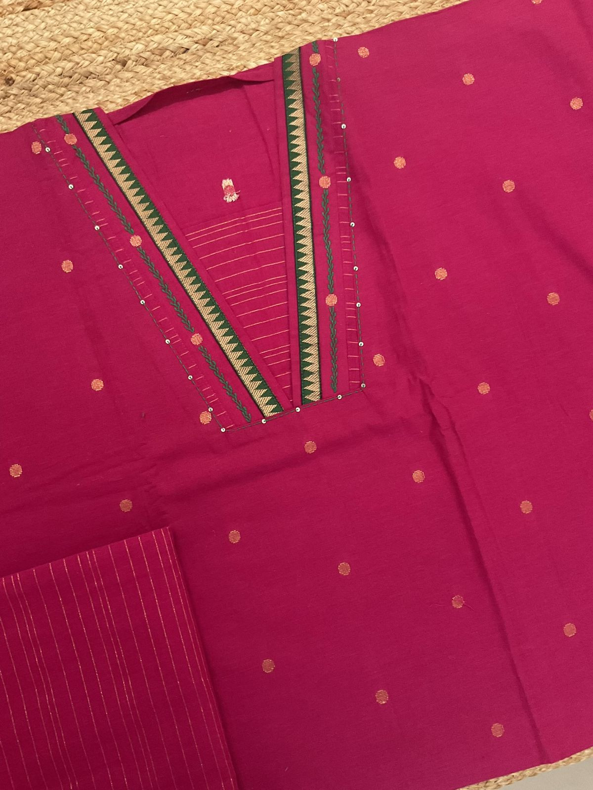 Pure Handloon Cotton Self Weaved Embroidered Suit - Pink