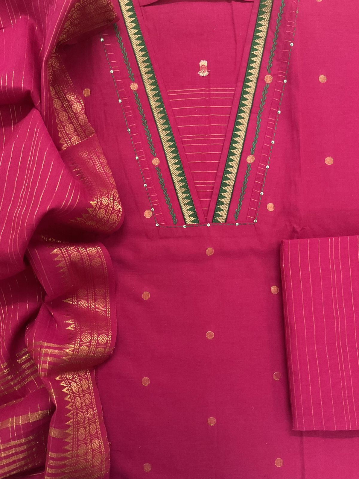 Pure Handloon Cotton Self Weaved Embroidered Suit - Pink