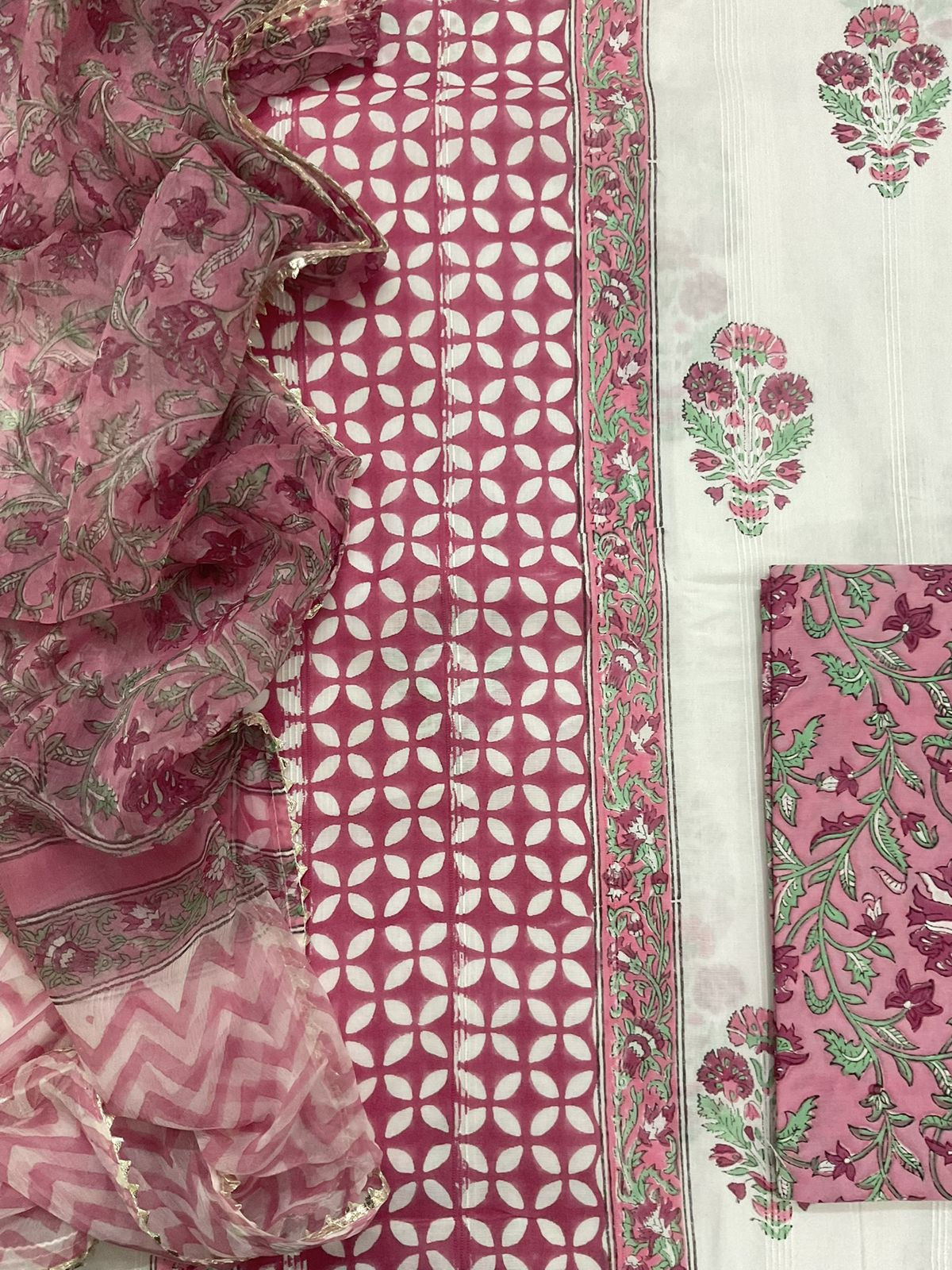 Pure Cotton Self Weaved Printed Suit - Off White
