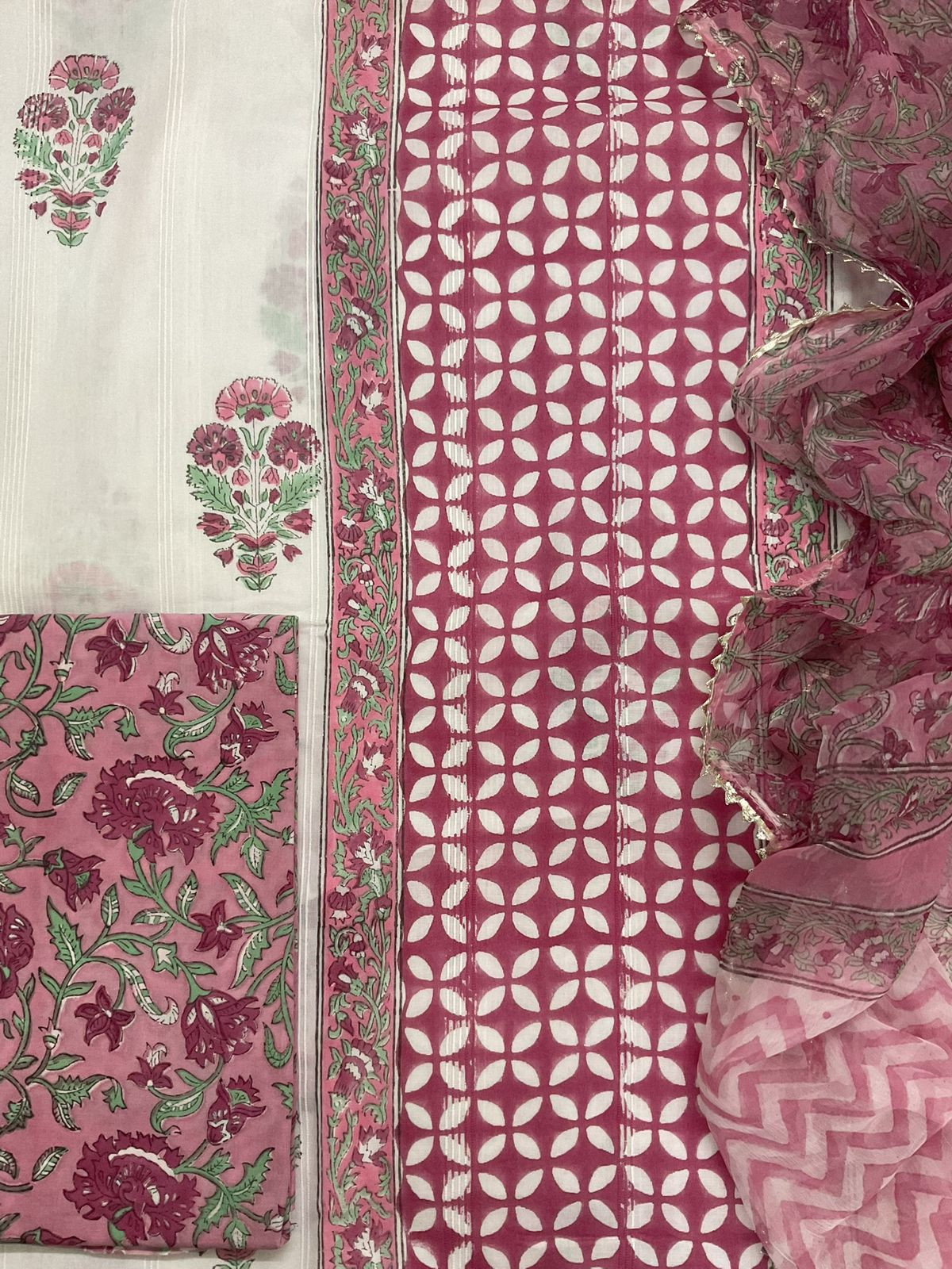 Pure Cotton Self Weaved Printed Suit - Off White