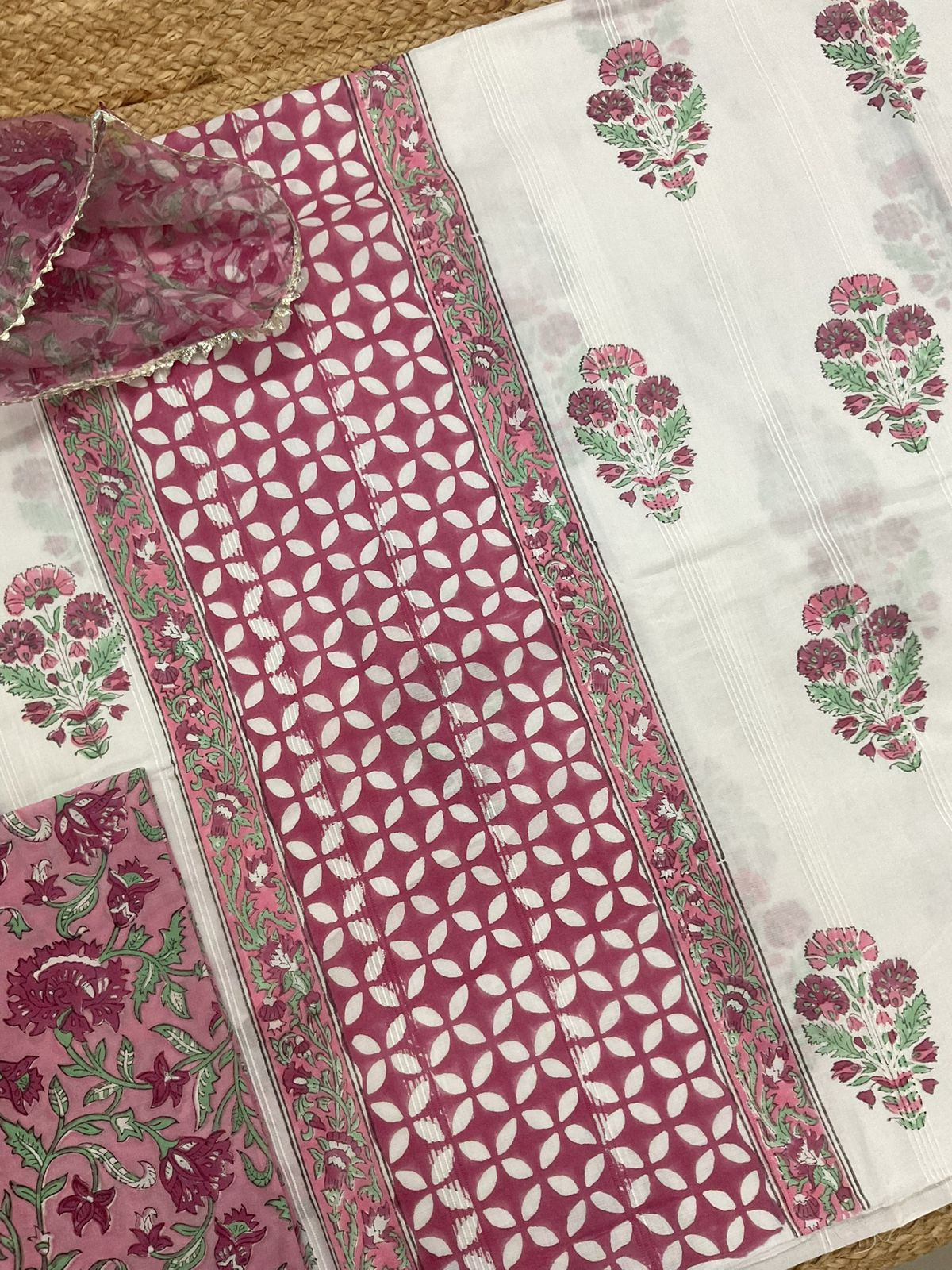 Pure Cotton Self Weaved Printed Suit - Off White