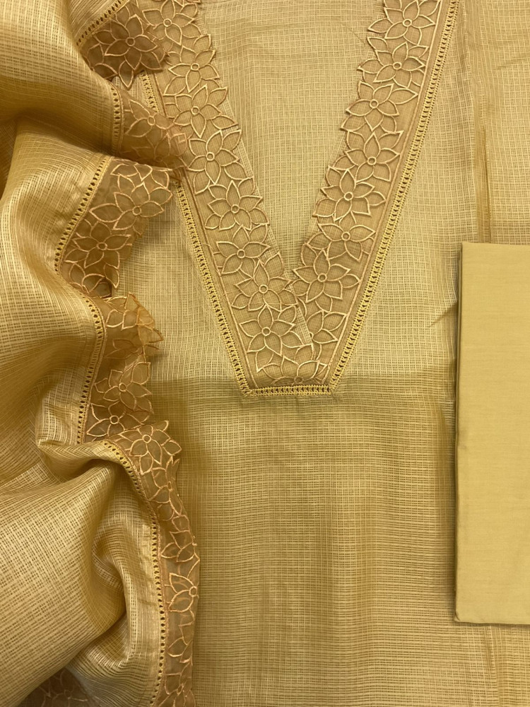 Image of Soft Kota Silk Embroidered Suit - Yellow