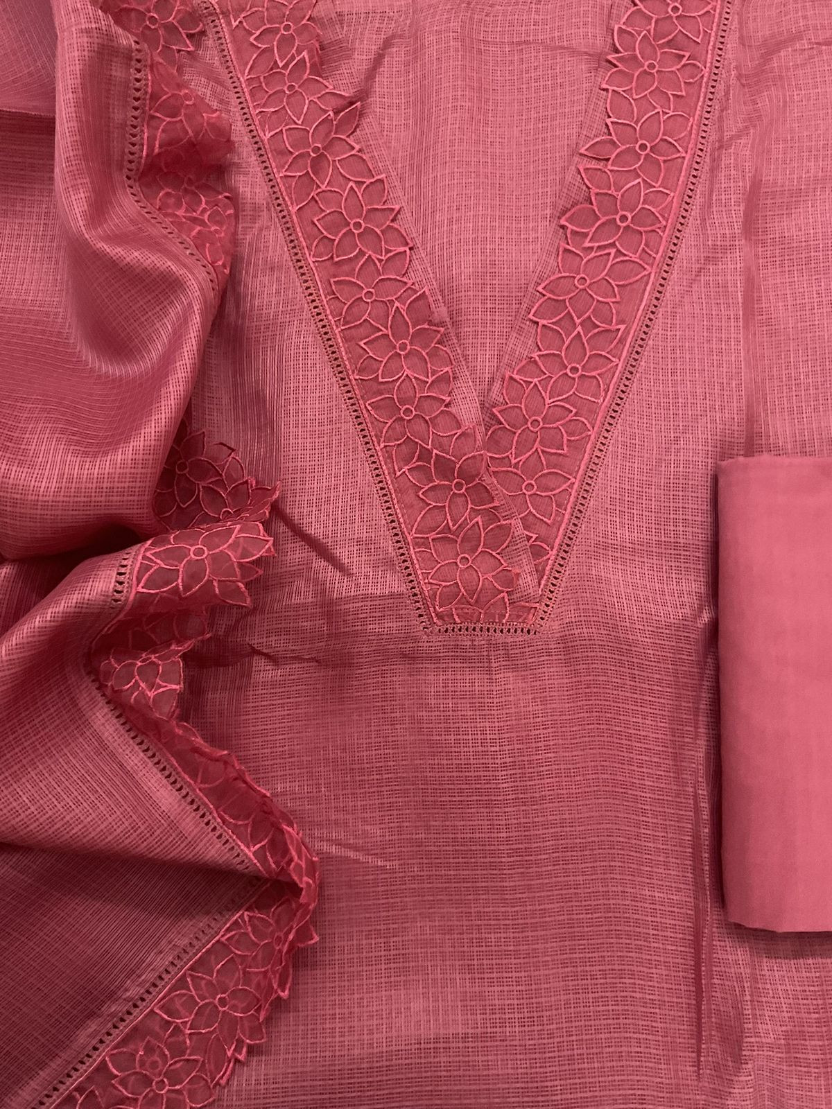 Soft Kota Silk Embroidered Suit - Rustic Pink