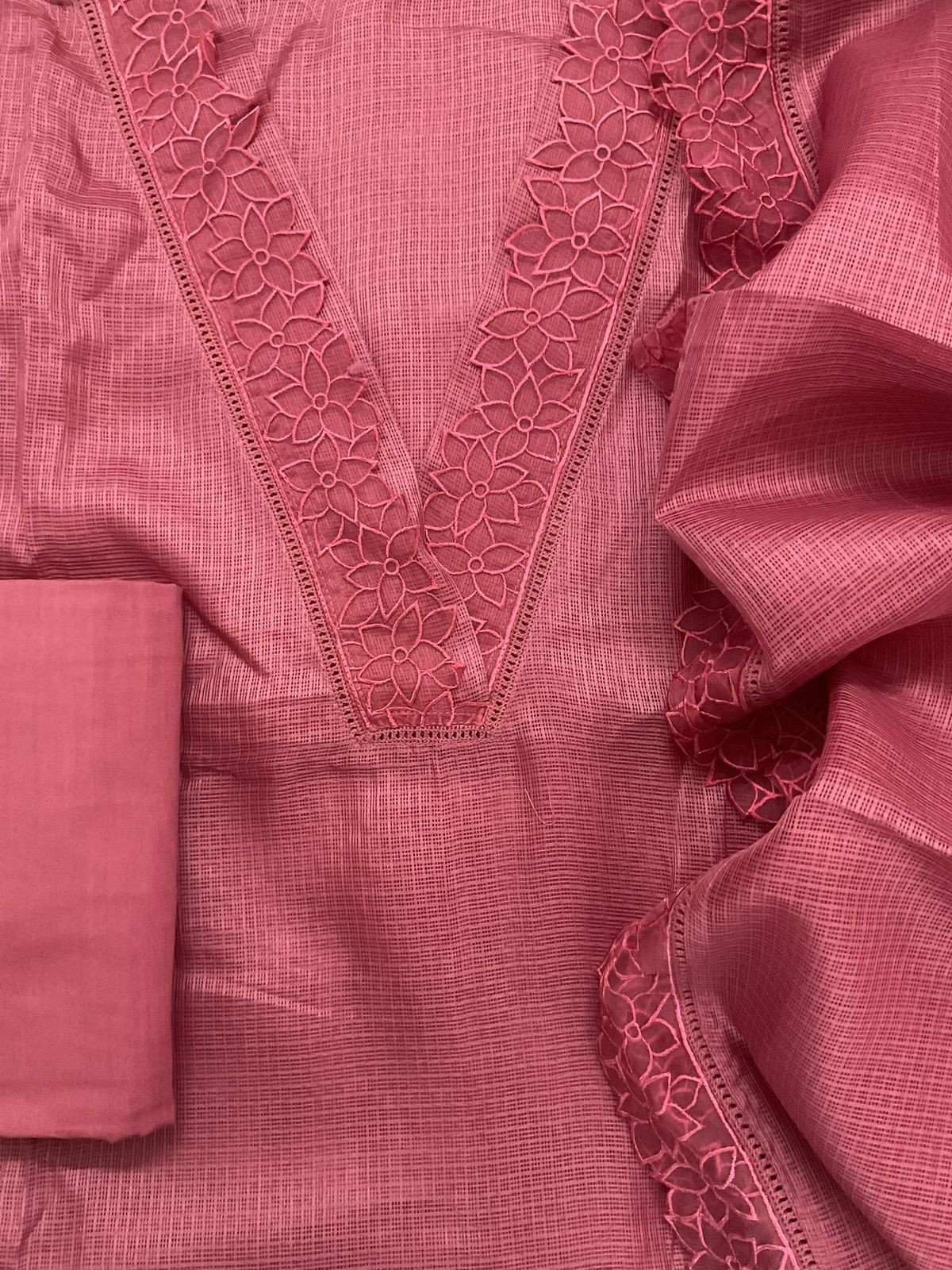 Soft Kota Silk Embroidered Suit - Rustic Pink