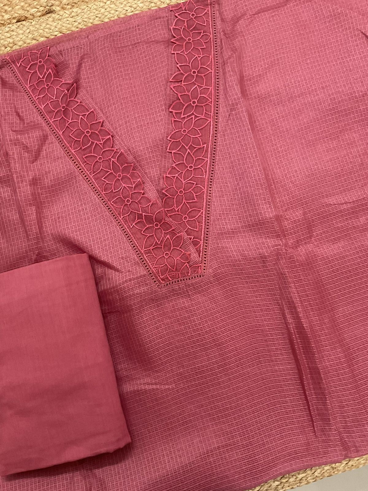 Soft Kota Silk Embroidered Suit - Rustic Pink